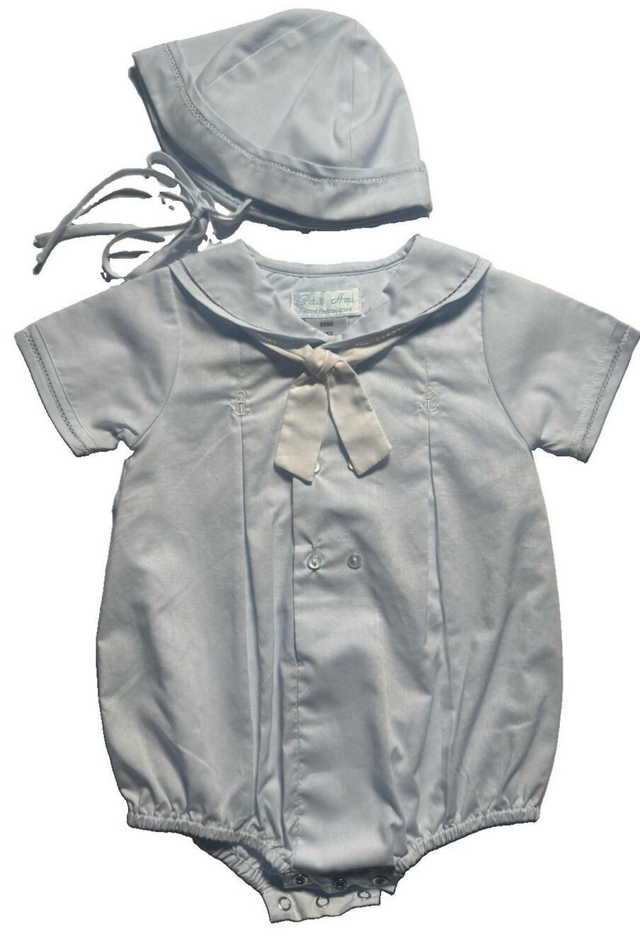 Petit Ami Baby Boy 3M Sailor Bubble Romper Bonnet Blue Nautical Anchor Outfit